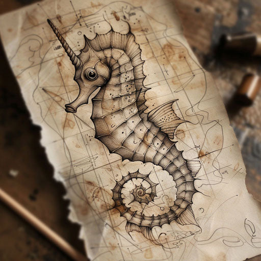 Rustic seahorse tattoo sketch with woodcut lines and earth tones