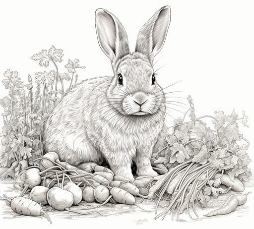 A rabbit eats carrots with a pencil drawing