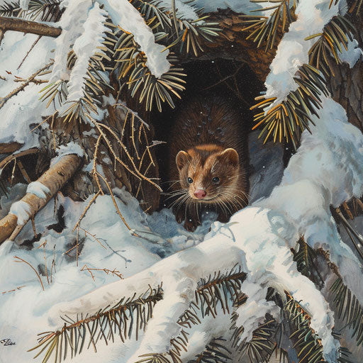 A wild mink cautiously emerging from its den beneath a snow-covered pine tree, the first signs of spring visible.