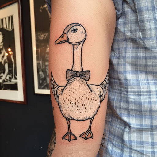 Whimsical flat tattoo sketch of a cartoonish goose with a playful bow tie