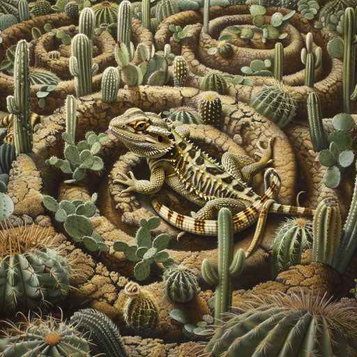 A bearded dragon navigating a maze of cacti