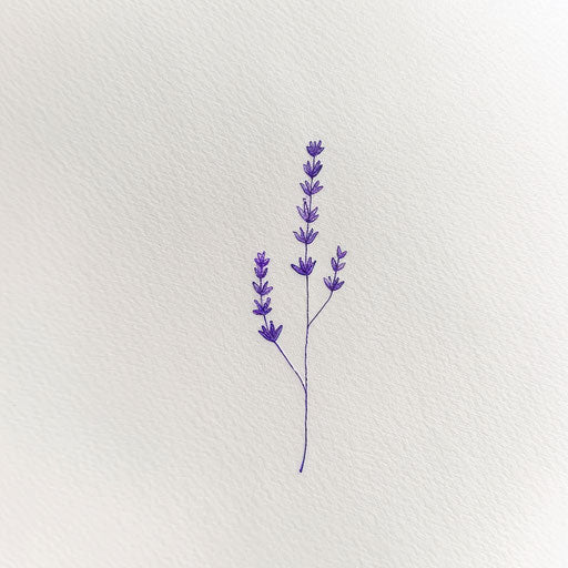 Illustration of a minimalist lavender flower tattoo with delicate lines on a pure white background