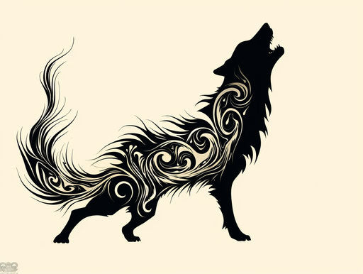 Howling wolf inked design in swirling vortexes style