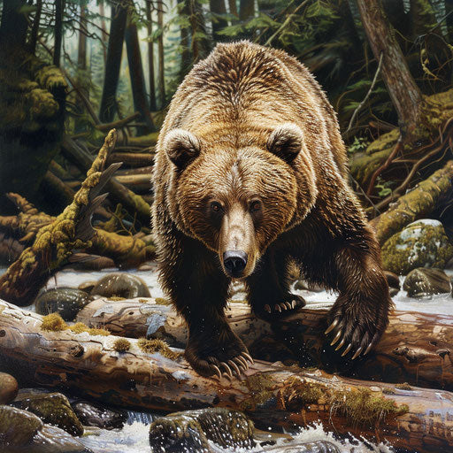 A grizzly bear crosses logs in an old-growth forest
