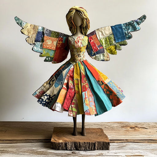 Angel from recycled materials, patchwork dress on wood base