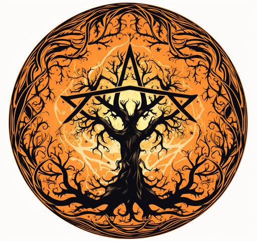 Black pentacle with orange star, punk style, twisted branches