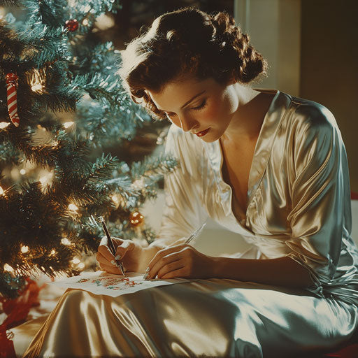 Woman in elegant satin pajamas writing holiday cards