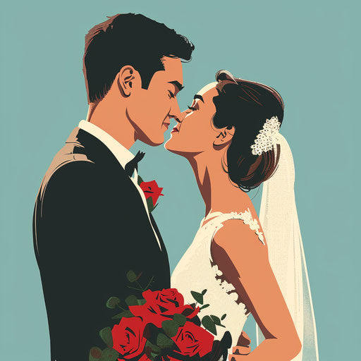 Bride and groom illustration, bold outlines and flat colors