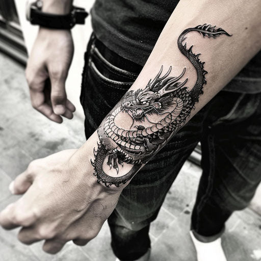 Men's wrist tattoos with detailed dragon design