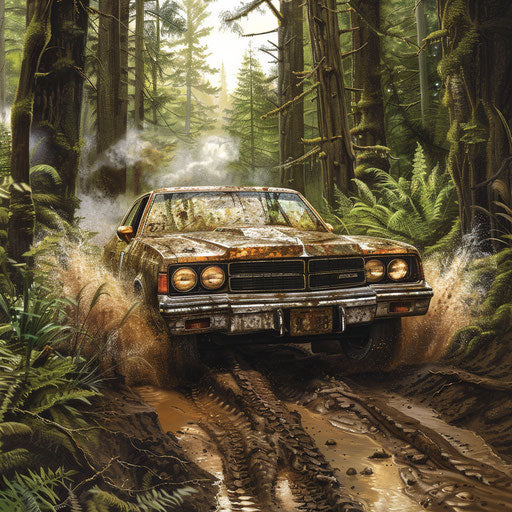 1976 Malibu Classic as rally car, covered in mud, racing through rugged forest trail