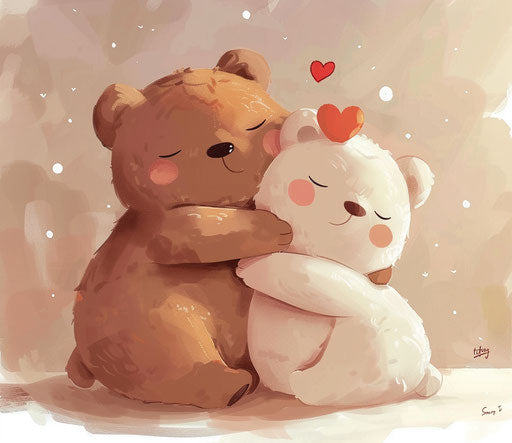 Hugging two little bears with hearts, animated, cute