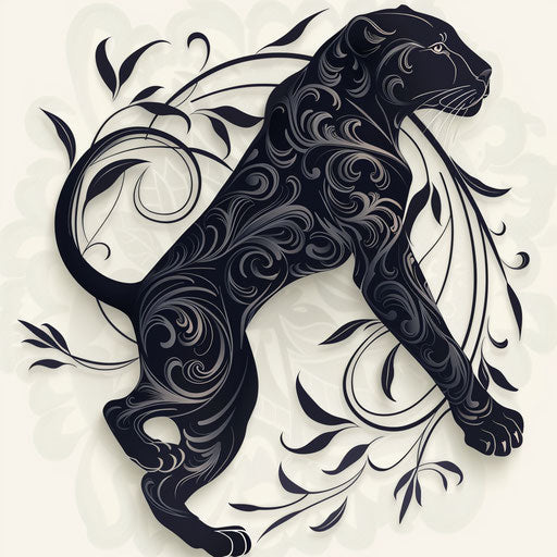 Art Nouveau black panther tattoo on ornamental white background