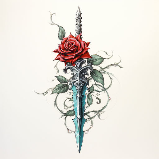 Red rose and dagger with leaves in light aquamarine and red style, chrome-plated, tattoo, solapunk, tachisme, religious, hanging