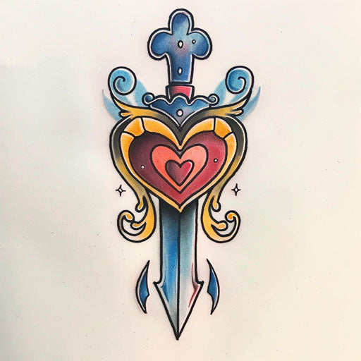Heart pierced by dagger, neo-traditional tattoo design