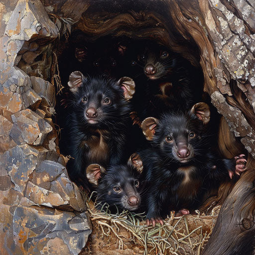 Family of Tasmanian devils cuddled in cozy den
