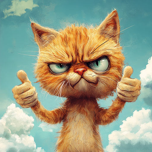 Humorous caricature of a cute cat with human characteristics