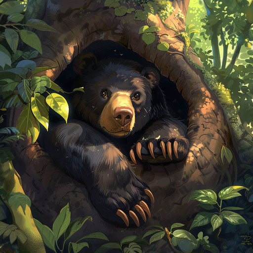 Sun bear in cozy tree hollow, observing lush jungle