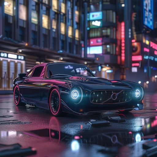 Cyberpunk-themed 1966 Volvo P1800, neon lights at night