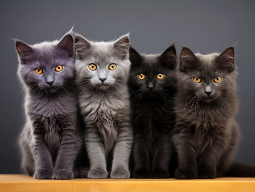 Gray kittens on white, dark purple and gold, sleek lines