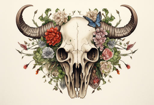 Bull skull with flowers and thorns, classic tattoo style