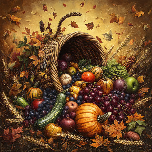 Autumn abundance: cornucopia with fruits, vegetables, wheat, leaves