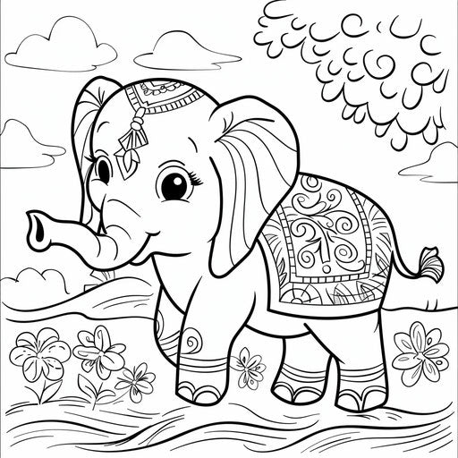 A happy elephant with a colorful blanket on its back