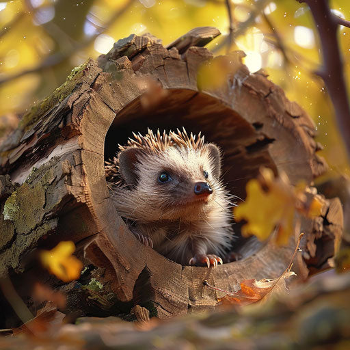 An adventurous hedgehog explores a log in the forest