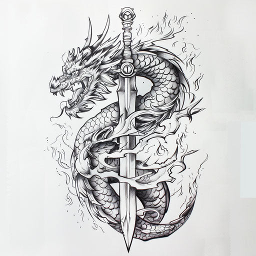 Tattoo sketch of a dragon wrapped around a sword