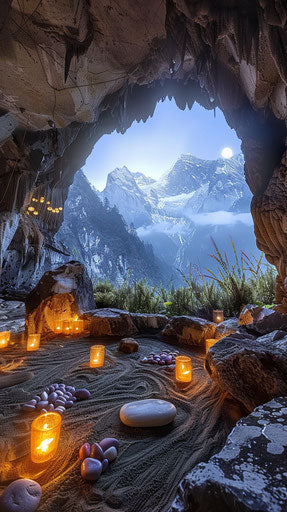 Inner retreat cave in the Himalayas overlooking the epic snow mountains, wabi sabi style