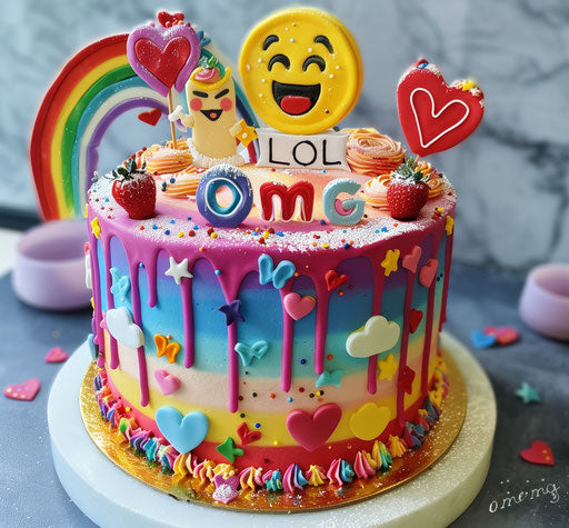 Rainbow cake with LOL and OMG emojis artistically decorated
