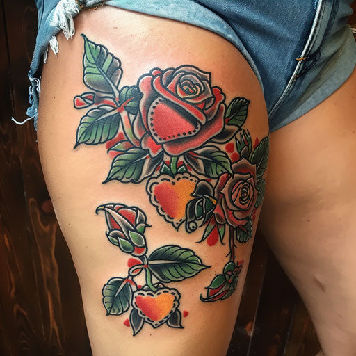 Thigh tattoo with traditional roses and hearts
