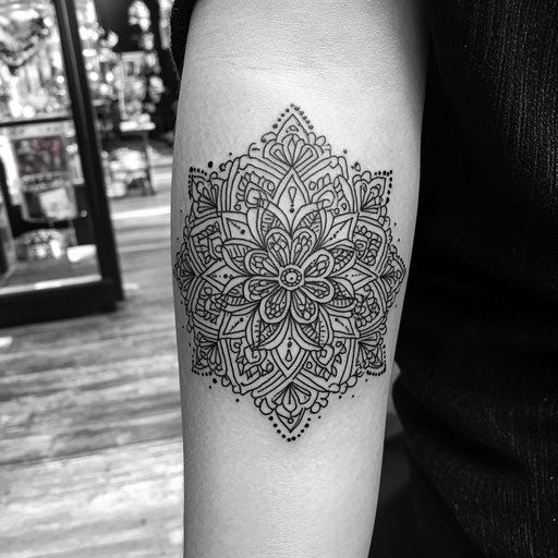 Intricate mandala inner arm tattoos Ami James style