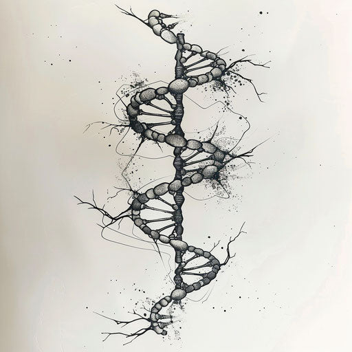 Elegant DNA tattoo sketch with fine black lines and subtle gray shading, clipart style