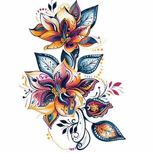 Vibrant summer henna designs tattoo sketch with bold, flat colors in clipart style