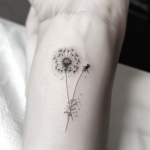 Dandelion tattoo in minimalist sketch style on white canvas