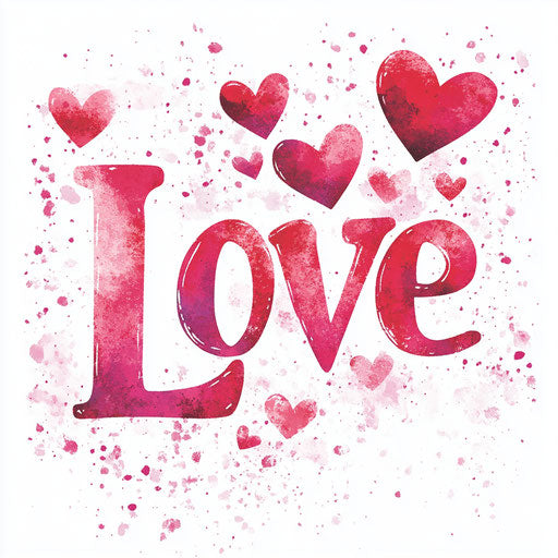 Love calligraphy with hearts, pink and red gradient