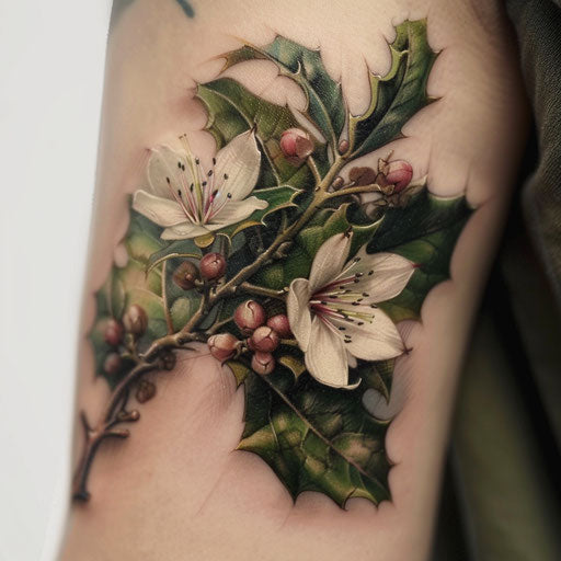 Hyper-realistic portrait of a Holly flower tattoo, detailed with natural colors on white background