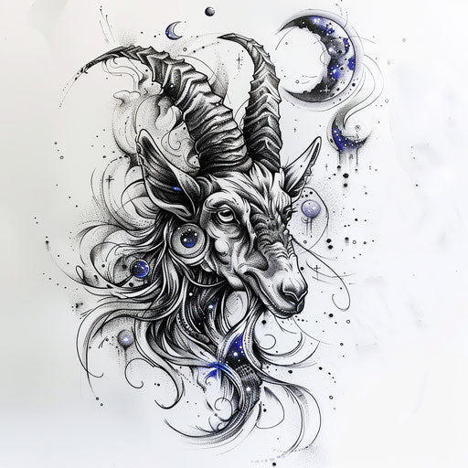 Surreal goat tattoo design with cosmic elements