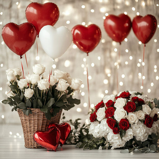 Valentine's Day backdrop with roses and heart-shaped balloons