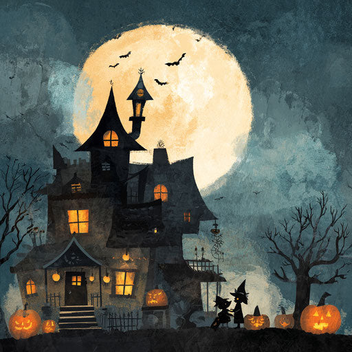 Spooky Halloween Night with a Haunted House and Witch