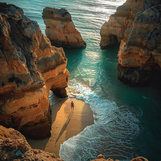Praia da Rocha with a lone hiker at the edge of the cliff