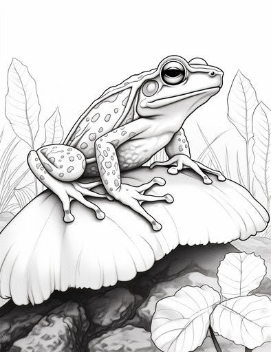Frog on leaf, dark white and light pink style, unconventional poses