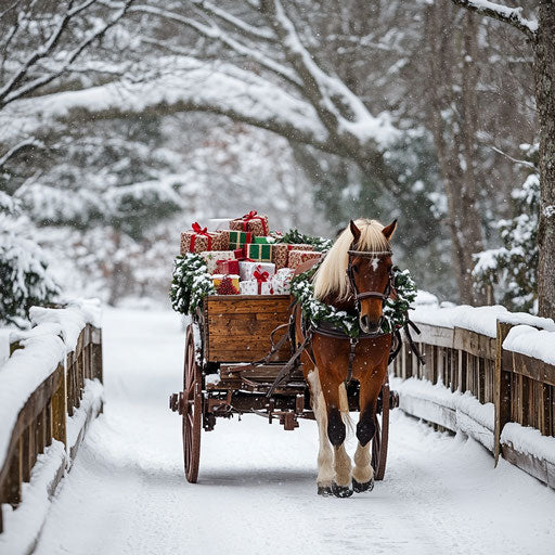 Energetic horse pulling a cart on a snow-covered bridge