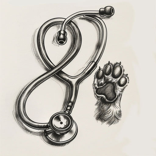 Flat tattoo sketch of a veterinary stethoscope with a paw print charm, in soft grey and black
