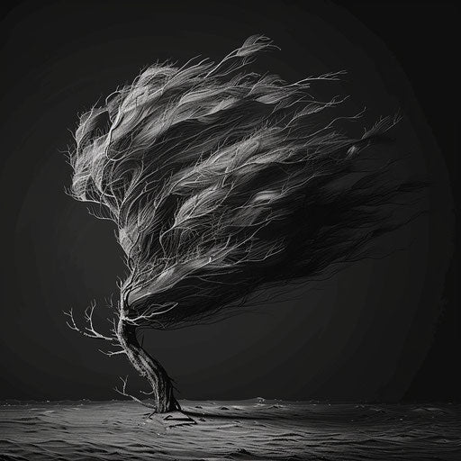 Wind illustration in realistic style on dark charcoal background, emphasizing dramatic contrast and intricate detail