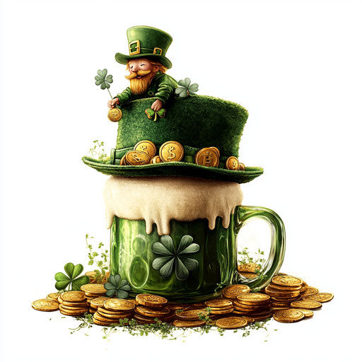 Irish hat with gold coins and clovers, green beer mug