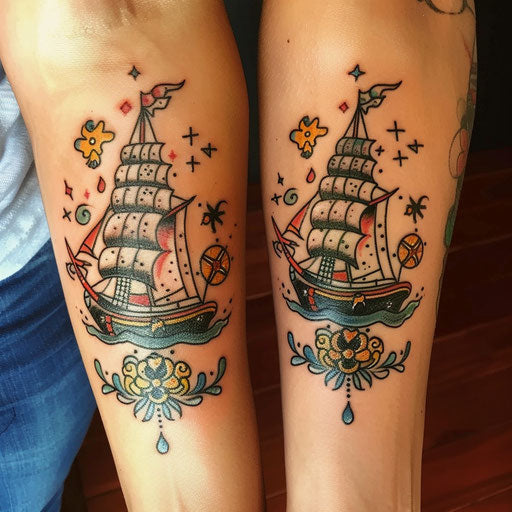 Mother and daughter tattoos with nautical themes