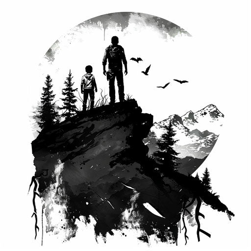 Father and son in adventure tattoo, mountain or exploration