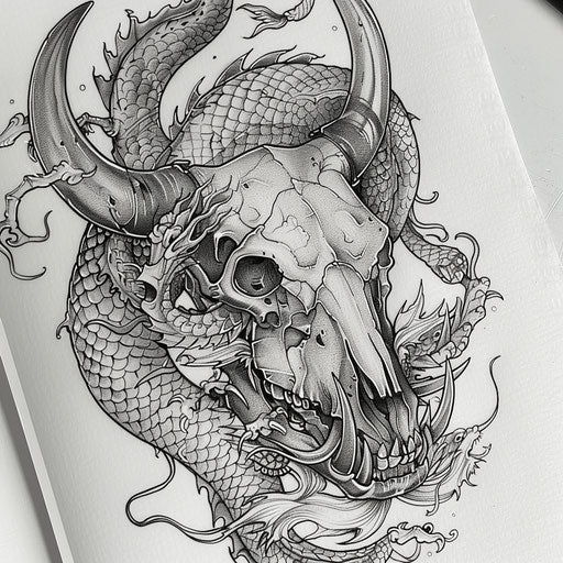 Bull skull and dragon tattoo on white background