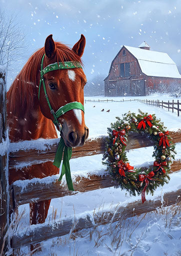 Red horse with green ribbon next to snowy fence and Christmas barn